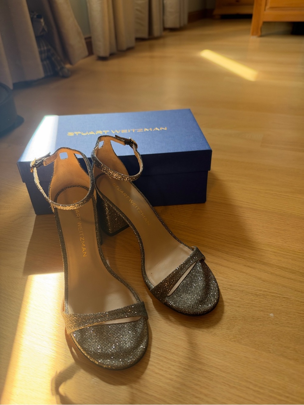 Stuart Weitzman Glitter Block Heel Ankle-Strap Sandals in Gold